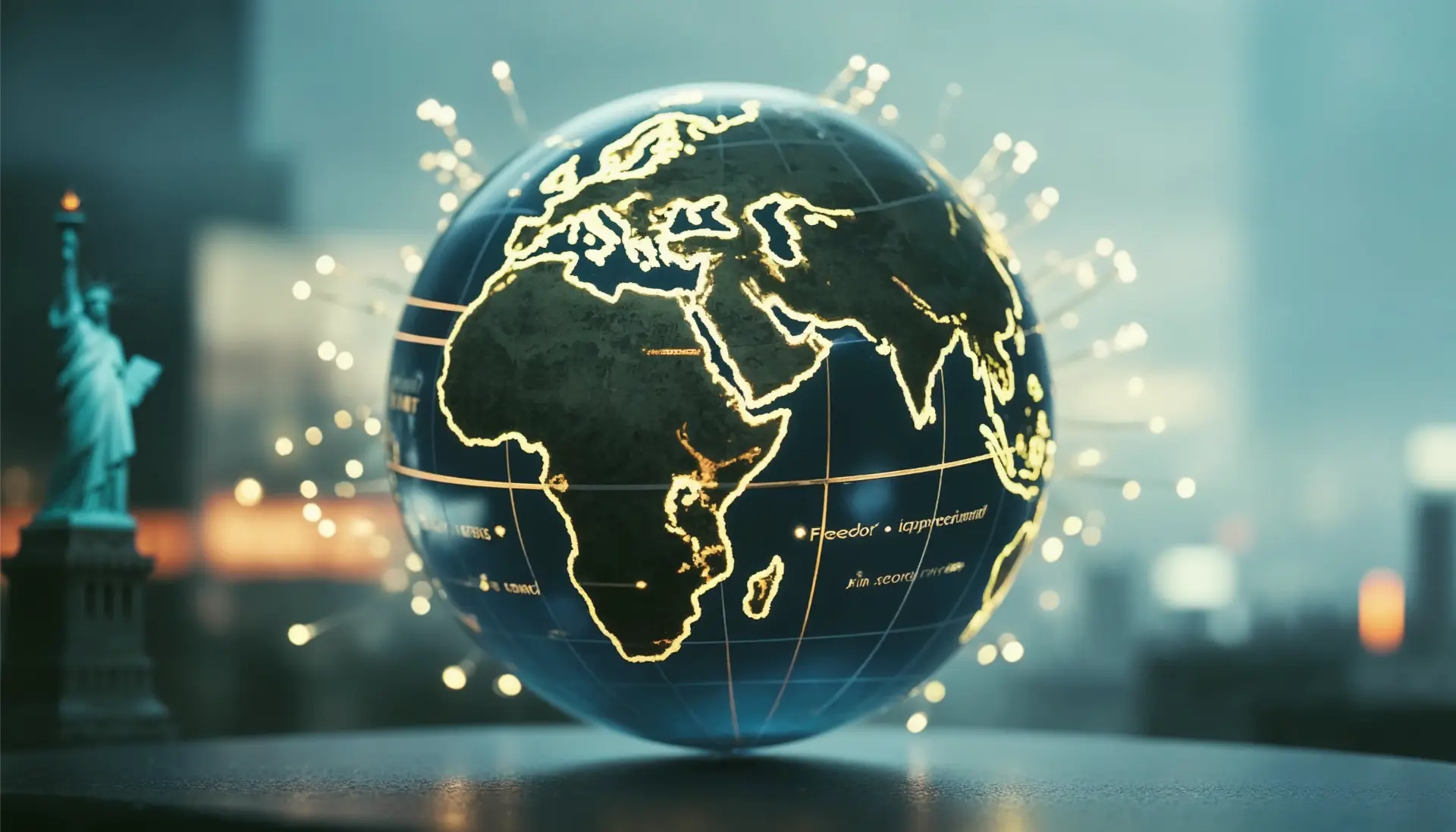 Globo terrestre iluminado com conexões digitais ao redor do mundo, representando a influência global do inglês. 23 de abril, Dia Mundial do Inglês — idioma global para negócios, cultura e carreira